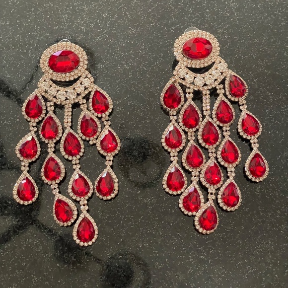 Statement Ruby Red Chandelier Earrings Pierced Princess Indian Aesthetic - Picture 1 of 4